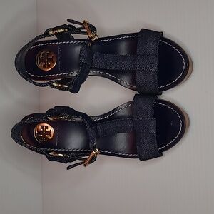 Tory Burch Beckett denim wedge heel sandal 8 NWOB
